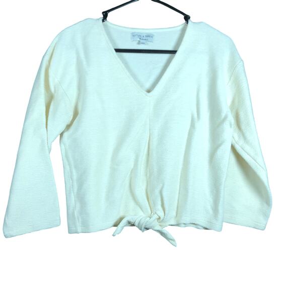 Texture & Thread Madewell Womens Sweater Cream Ribbed V Neck Front Tie Medium - Picture 1 of 13